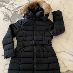 Zara long black down-filled puffer coat L with fur hood